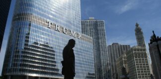 silhouette of statue near trump building at daytime