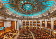 the interior of a large building with a dome