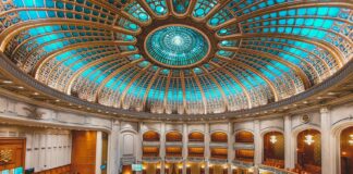 the interior of a large building with a dome