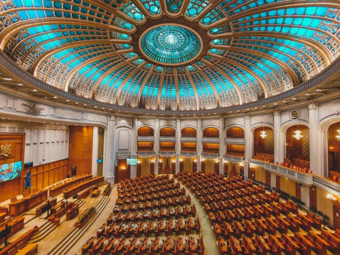 the interior of a large building with a dome