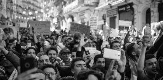 crowd of people black and white photo