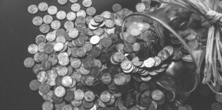 grayscale photo of coins