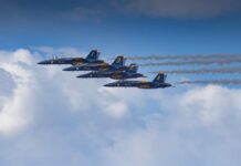 us navy blue angels jet formation in flight