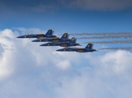 us navy blue angels jet formation in flight