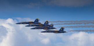 us navy blue angels jet formation in flight