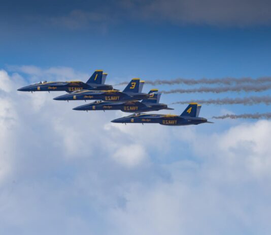 us navy blue angels jet formation in flight