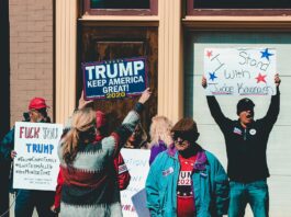 people protesting outside building