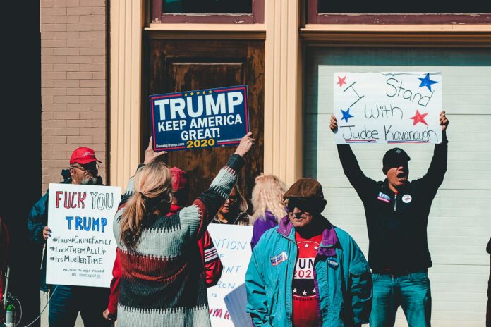 people protesting outside building