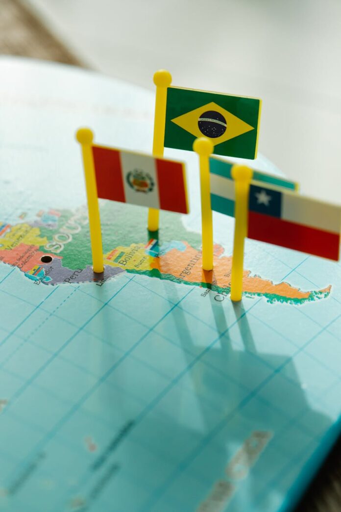 close up photo of a toy flags pinned on a map